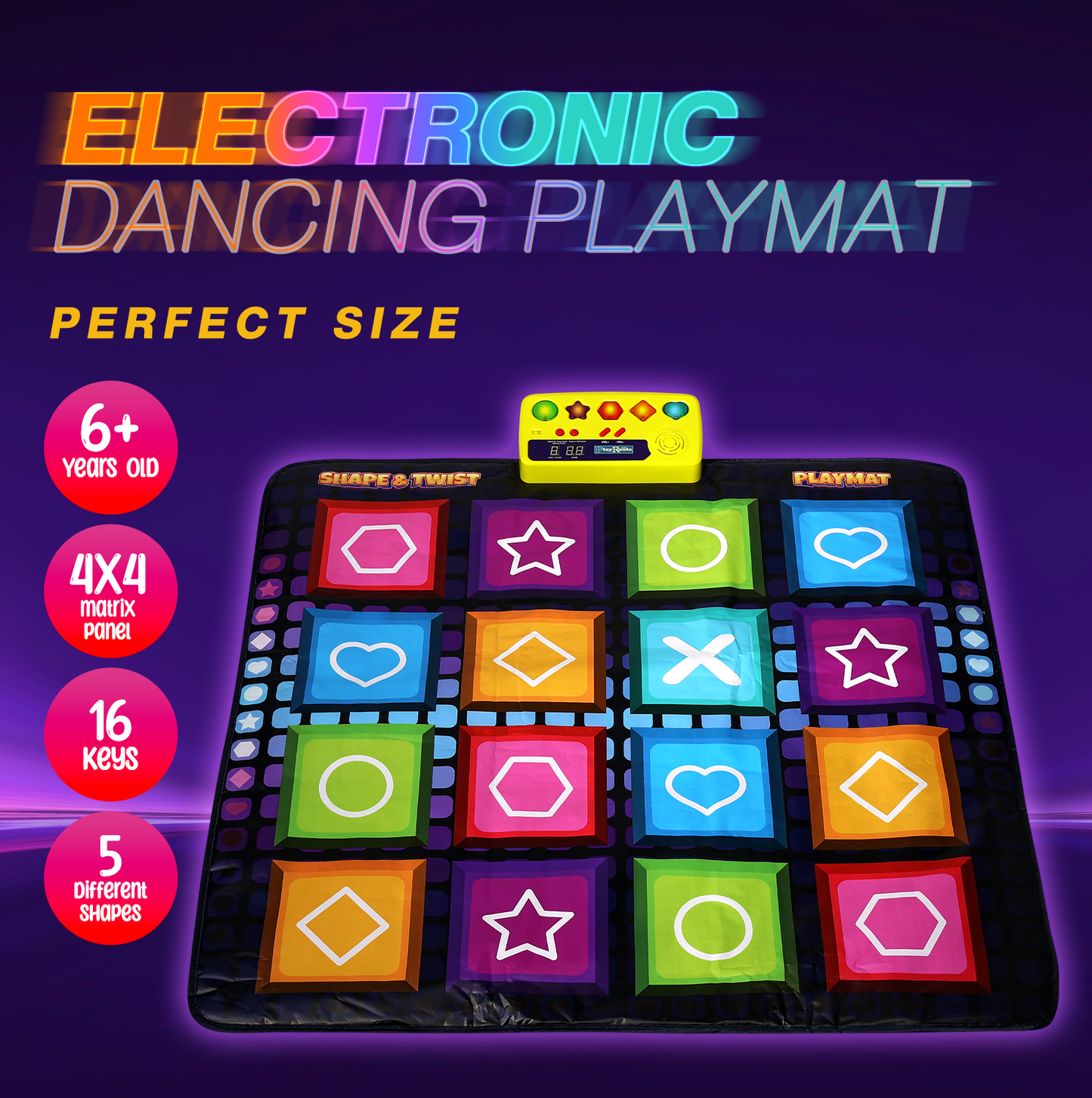 PlayRoute Shape & Twist Dance Mat | 3 Fun Educational Shape Games Dance Mat for Kids Ages 4-8 | Brain & Memory STEM Toy for Kids | Ideal Gift for Girls & Boys Ages 4 5 6 7 8 Years Old