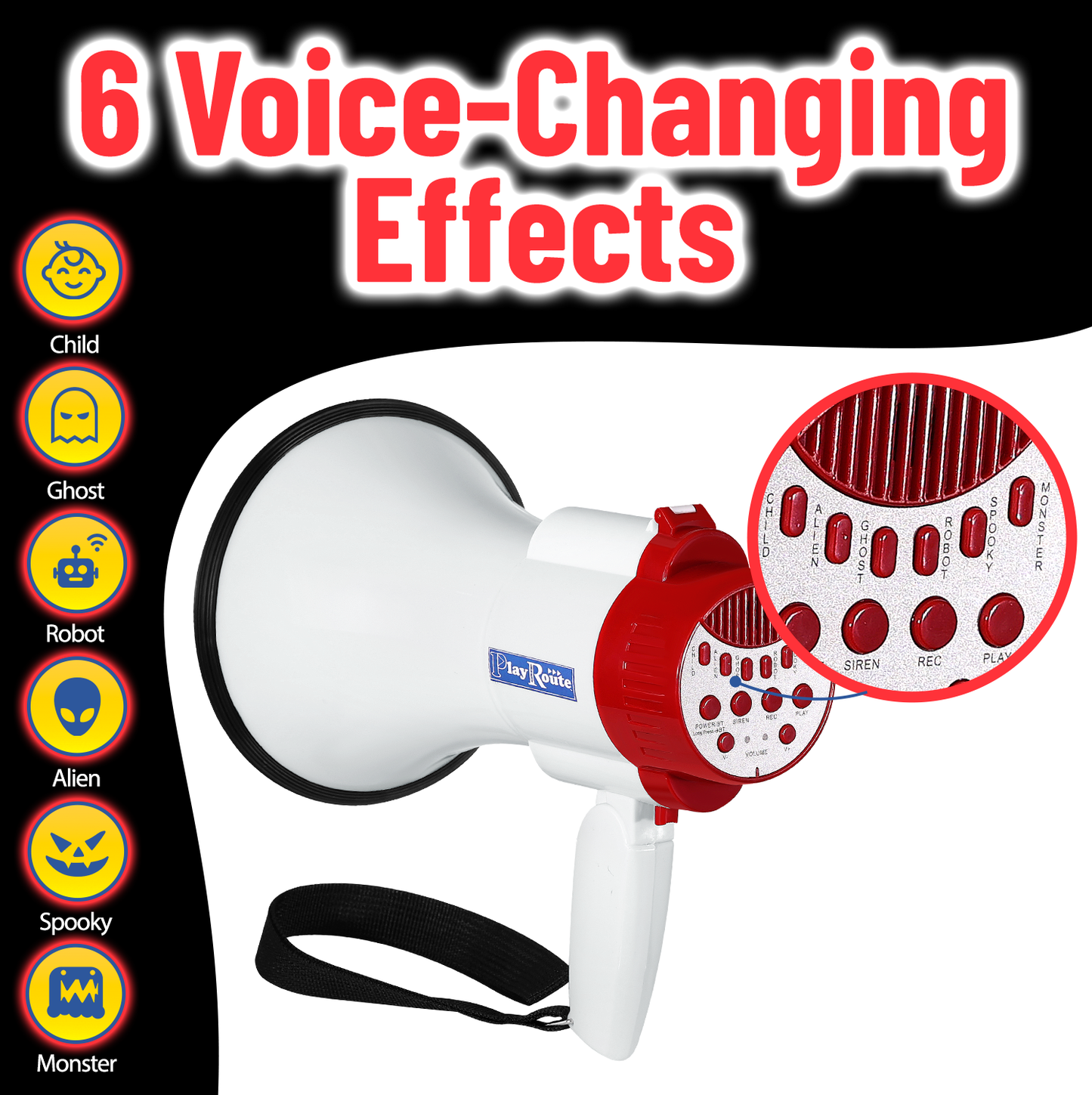 PlayRoute Megaphone Bullhorn | 30-Watt Bull Horn Plus Voice Changer for Adults 6 Different Voices | Bluetooth Enabled Loud Speaker | Multi Function Megaphone with Siren & Whistle, Record & Play