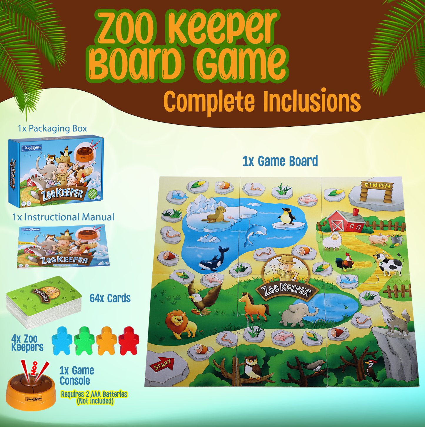 PlayRoute Zoo Keeper Game – Animal Games with Realistic Animal Sounds – 4 Level Animal Board & Card Games – Educational Toy Gift Learning Activity for Kids Ages 5-12 Years and Up