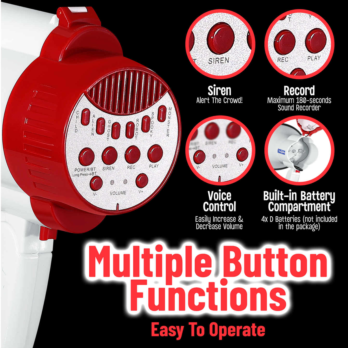 PlayRoute Megaphone Bullhorn | 30-Watt Bull Horn Plus Voice Changer for Adults 6 Different Voices | Bluetooth Enabled Loud Speaker | Multi Function Megaphone with Siren & Whistle, Record & Play