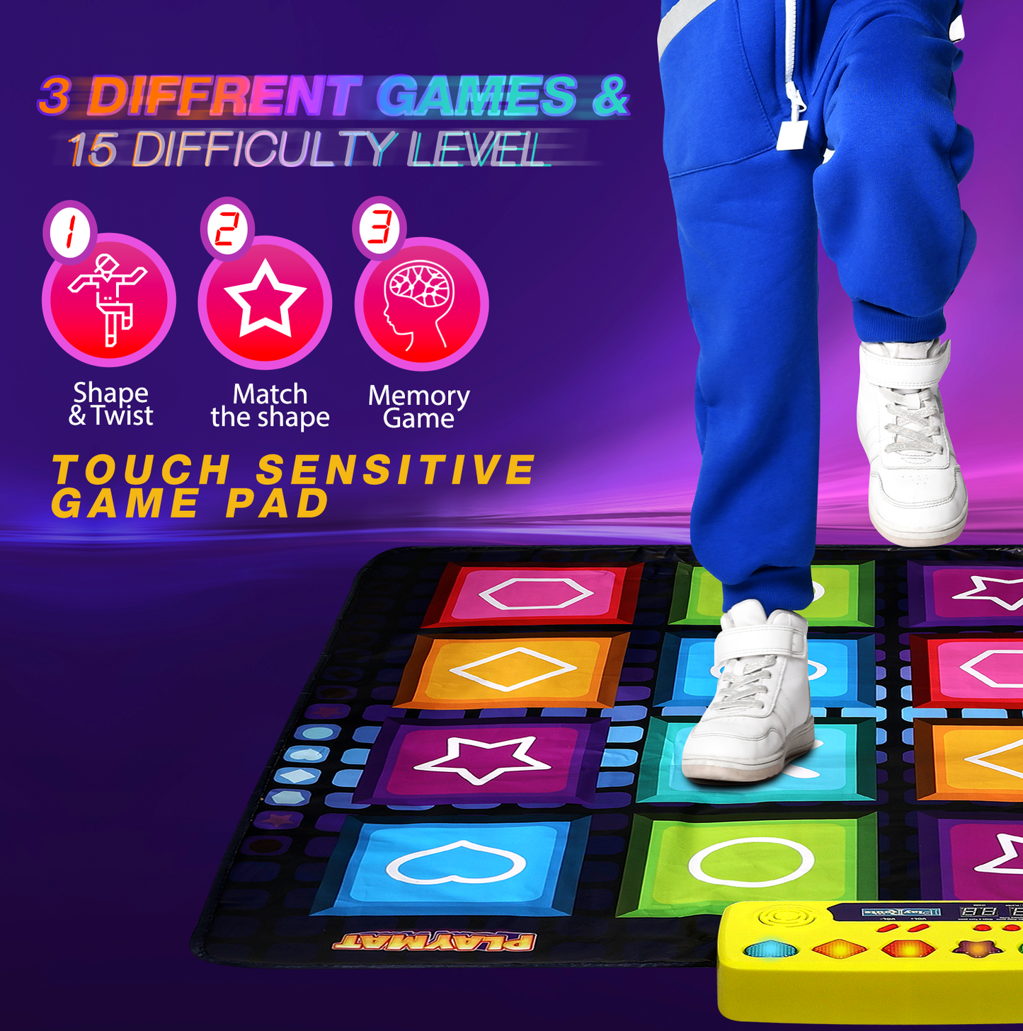 PlayRoute Shape & Twist Dance Mat | 3 Fun Educational Shape Games Dance Mat for Kids Ages 4-8 | Brain & Memory STEM Toy for Kids | Ideal Gift for Girls & Boys Ages 4 5 6 7 8 Years Old