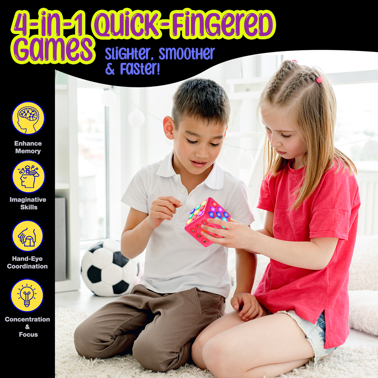 PlayRoute Brain and Memory Cube Toy | 5 Electronic Handheld Games for Kids Girls Ages 6 7 8 9 10-12 Years Old & Up | STEM Sensory Fidget Toy for Girls | Ideal Gift Idea for Kids and Teens