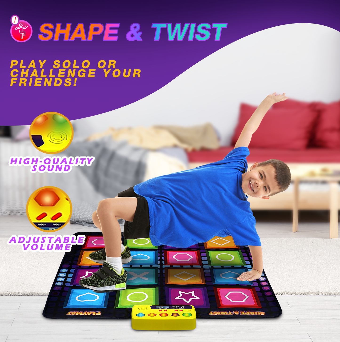 PlayRoute Shape & Twist Dance Mat | 3 Fun Educational Shape Games Dance Mat for Kids Ages 4-8 | Brain & Memory STEM Toy for Kids | Ideal Gift for Girls & Boys Ages 4 5 6 7 8 Years Old
