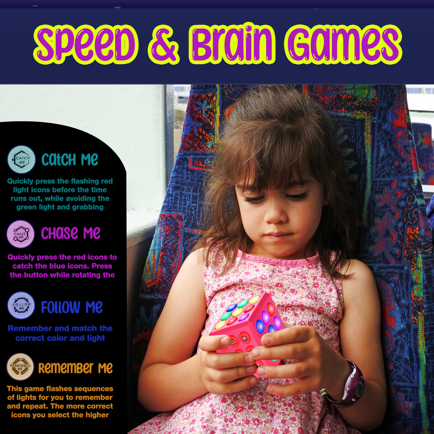 PlayRoute Brain and Memory Cube Toy | 5 Electronic Handheld Games for Kids Girls Ages 6 7 8 9 10-12 Years Old & Up | STEM Sensory Fidget Toy for Girls | Ideal Gift Idea for Kids and Teens