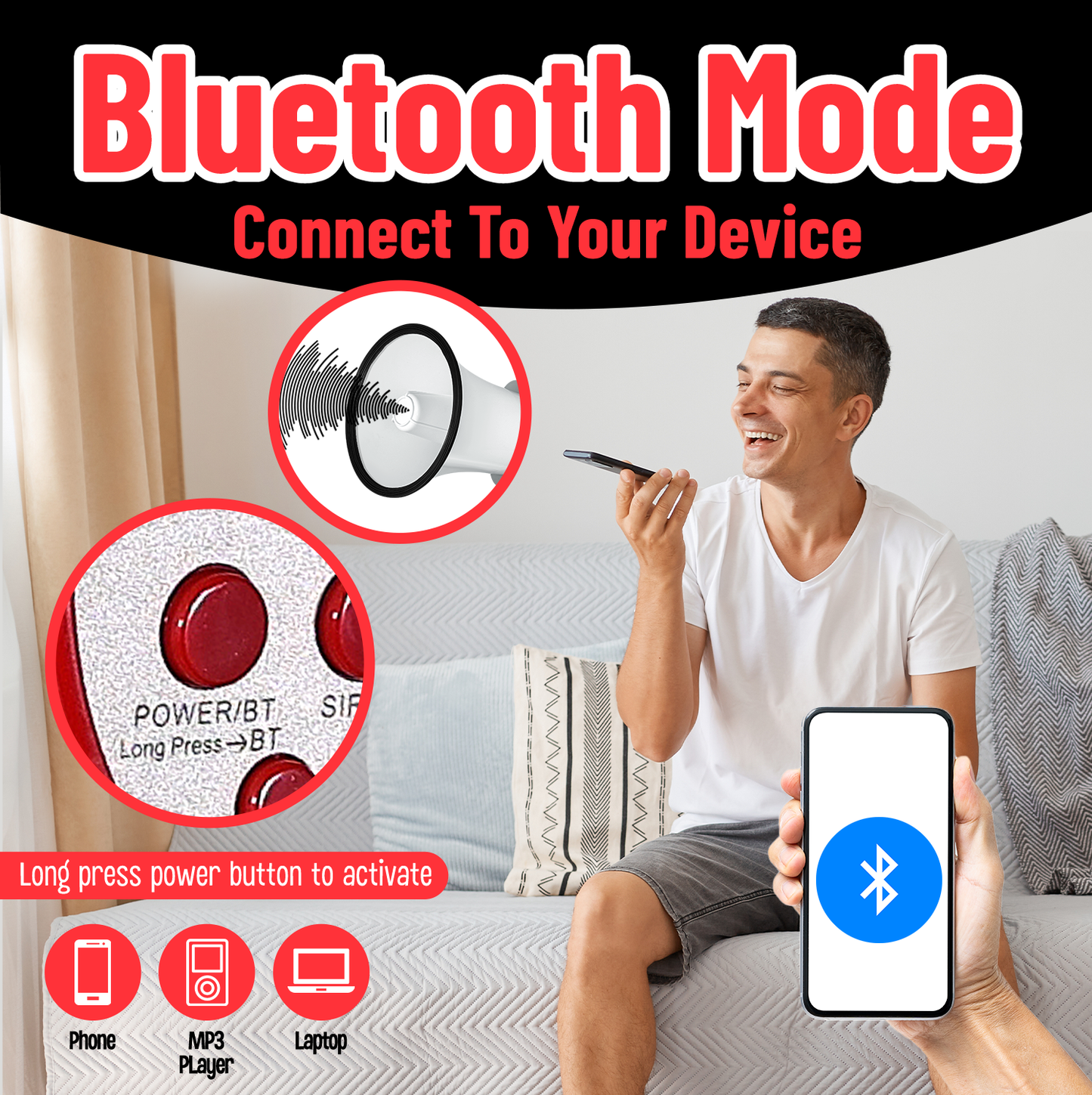 PlayRoute Megaphone Bullhorn | 30-Watt Bull Horn Plus Voice Changer for Adults 6 Different Voices | Bluetooth Enabled Loud Speaker | Multi Function Megaphone with Siren & Whistle, Record & Play