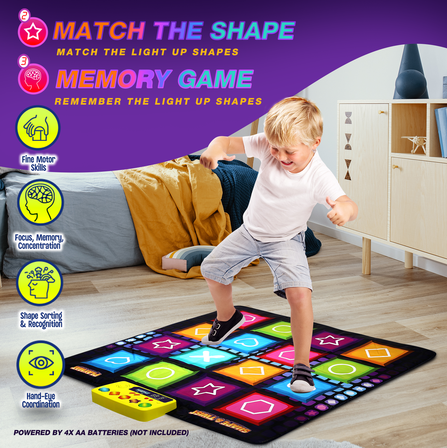 PlayRoute Shape & Twist Dance Mat | 3 Fun Educational Shape Games Dance Mat for Kids Ages 4-8 | Brain & Memory STEM Toy for Kids | Ideal Gift for Girls & Boys Ages 4 5 6 7 8 Years Old