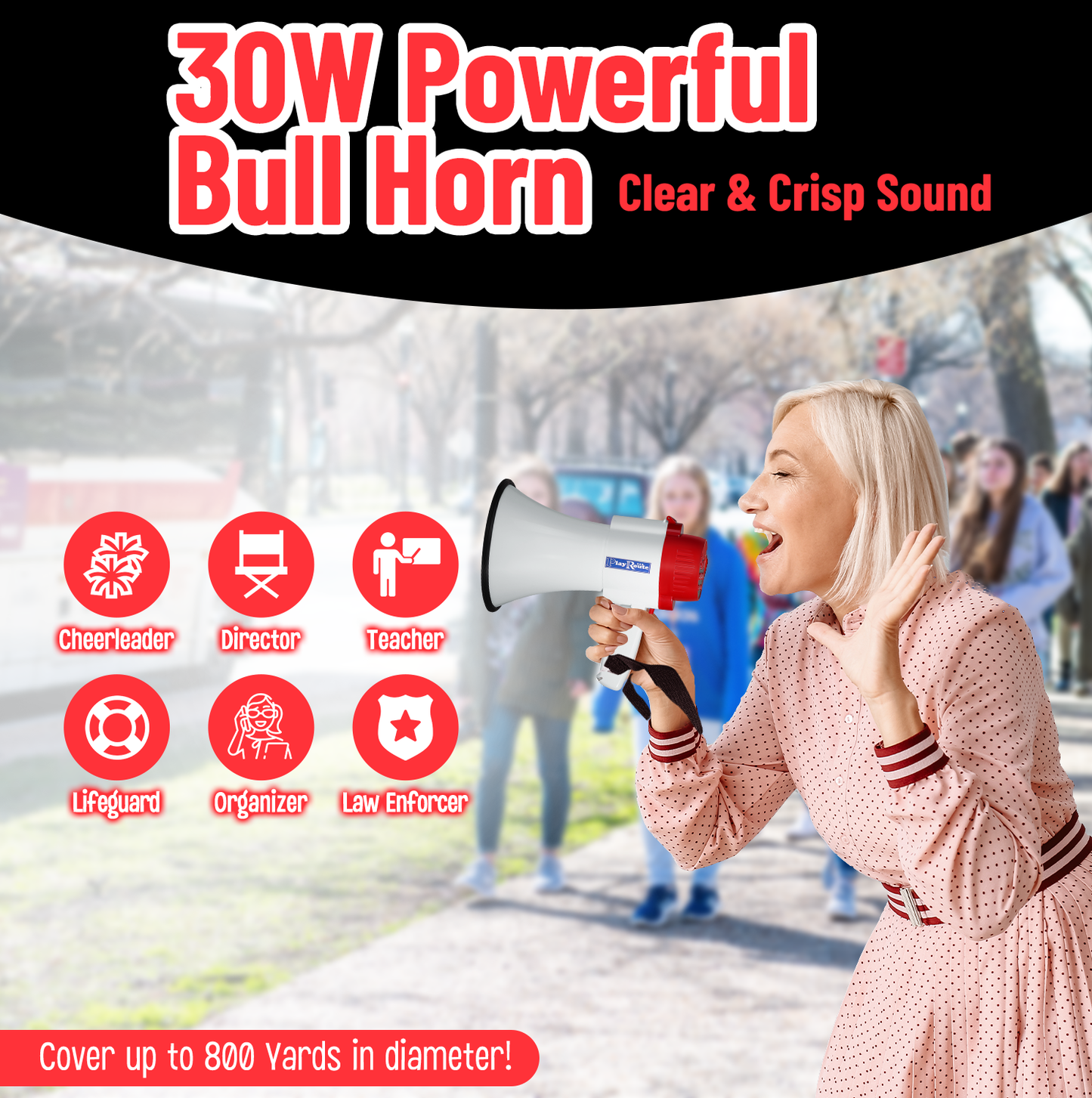 PlayRoute Megaphone Bullhorn | 30-Watt Bull Horn Plus Voice Changer for Adults 6 Different Voices | Bluetooth Enabled Loud Speaker | Multi Function Megaphone with Siren & Whistle, Record & Play