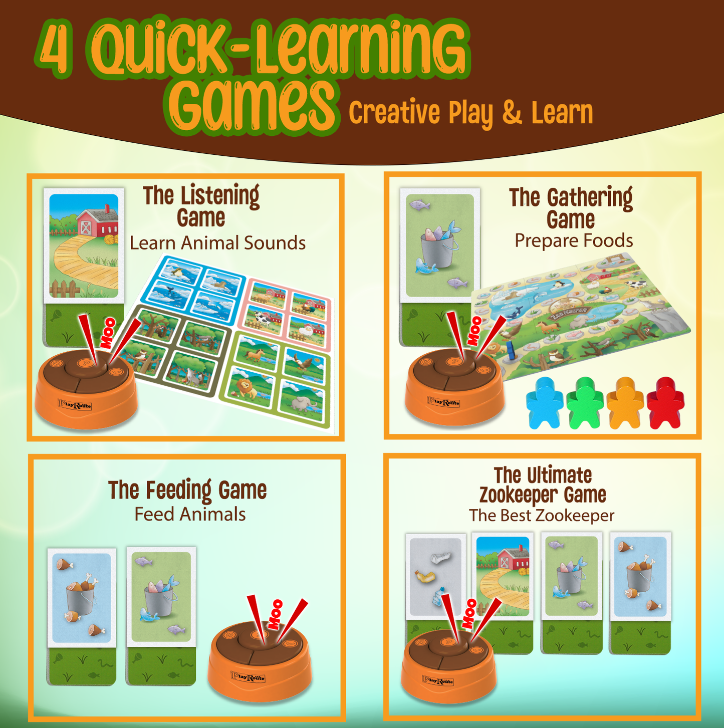 PlayRoute Zoo Keeper Game – Animal Games with Realistic Animal Sounds – 4 Level Animal Board & Card Games – Educational Toy Gift Learning Activity for Kids Ages 5-12 Years and Up